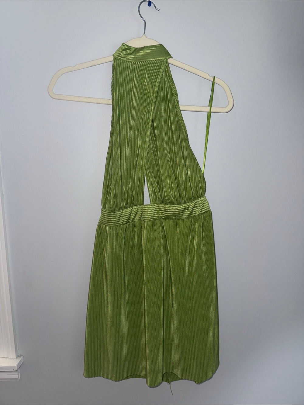 Sincerly Jules Olive Green Pleated Halter Mini Dress